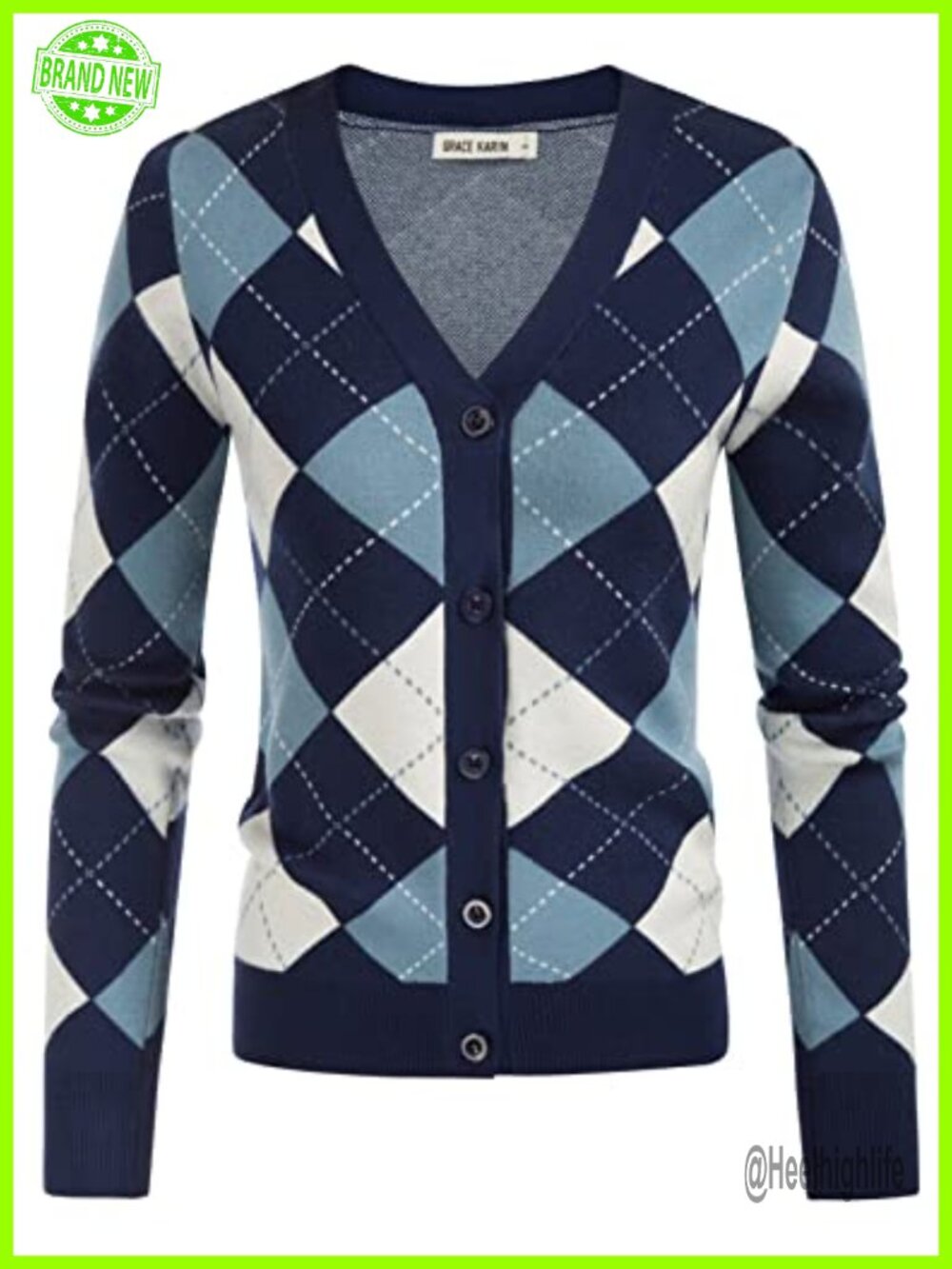 Argyle Cardigan Sweater Women Button Down V-Neck Knit Preppy Teacher